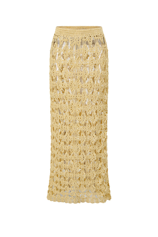 SWAYING 25 Fall/Winter Collection: Crochet-detail wrap-style silk-blend maxi dress SW-SW25AW3B01C2S2-HUANG (Yellow)